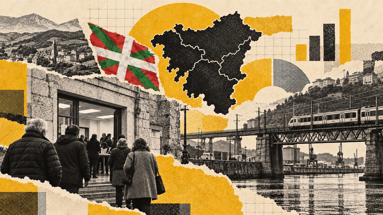Collage sobre las elecciones en País Vasco: la bandera, el mapa y vecinos votando.