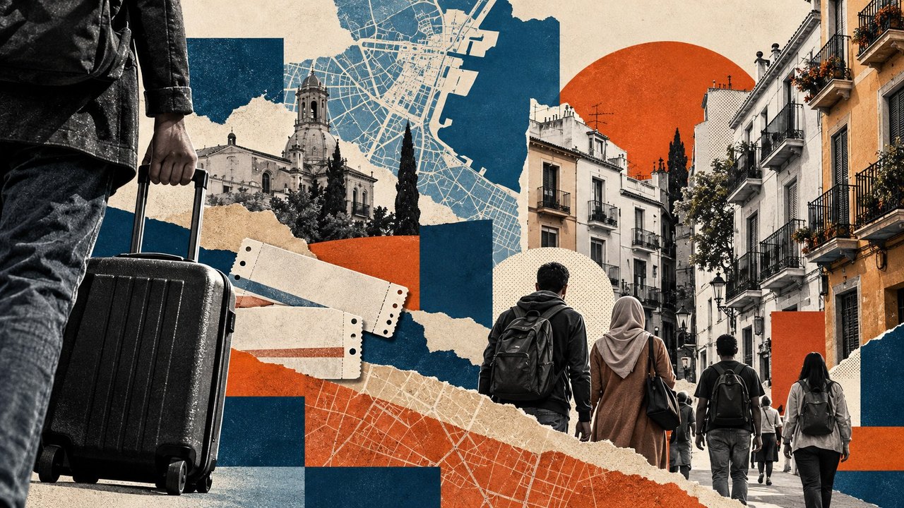 Una maleta, mapas y una calle con balcones: un collage.