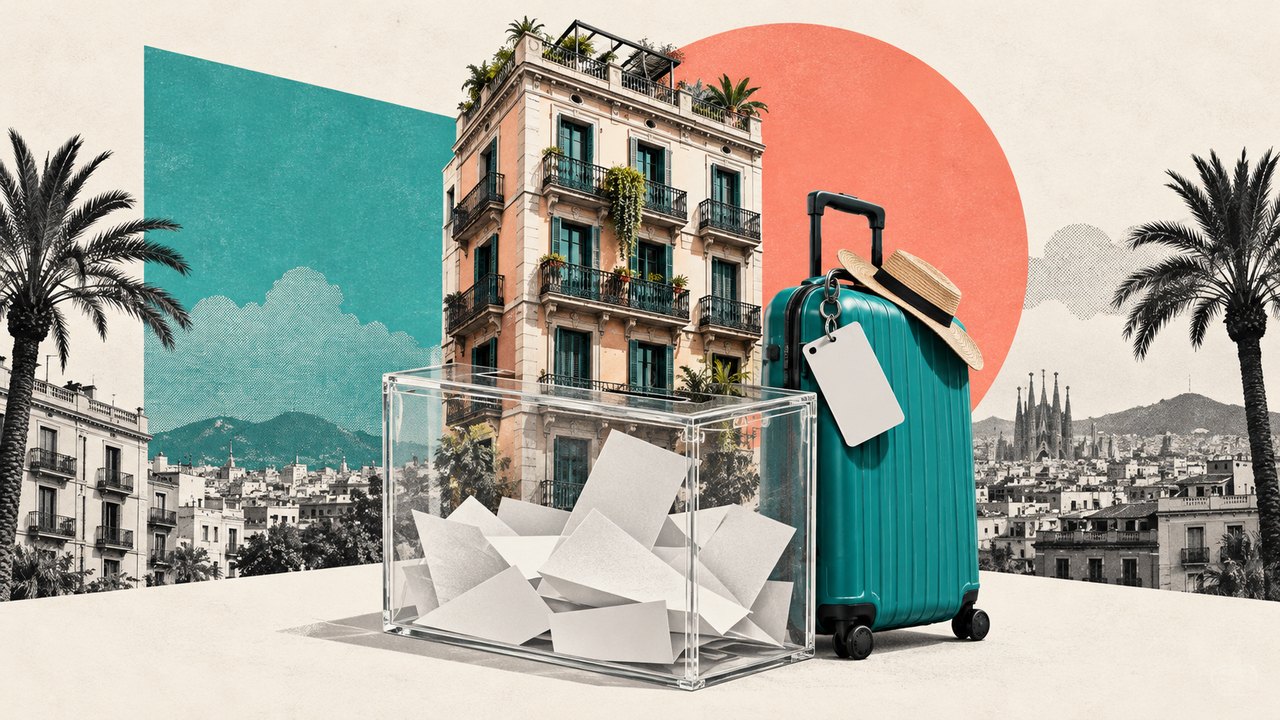 Una maleta de viaje, edificios de viviendas y una urna.