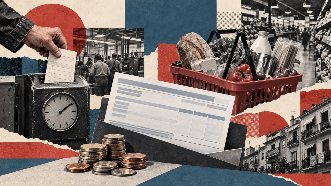 Una nómina, una cesta de la compra, monedas y un reloj de fichar.