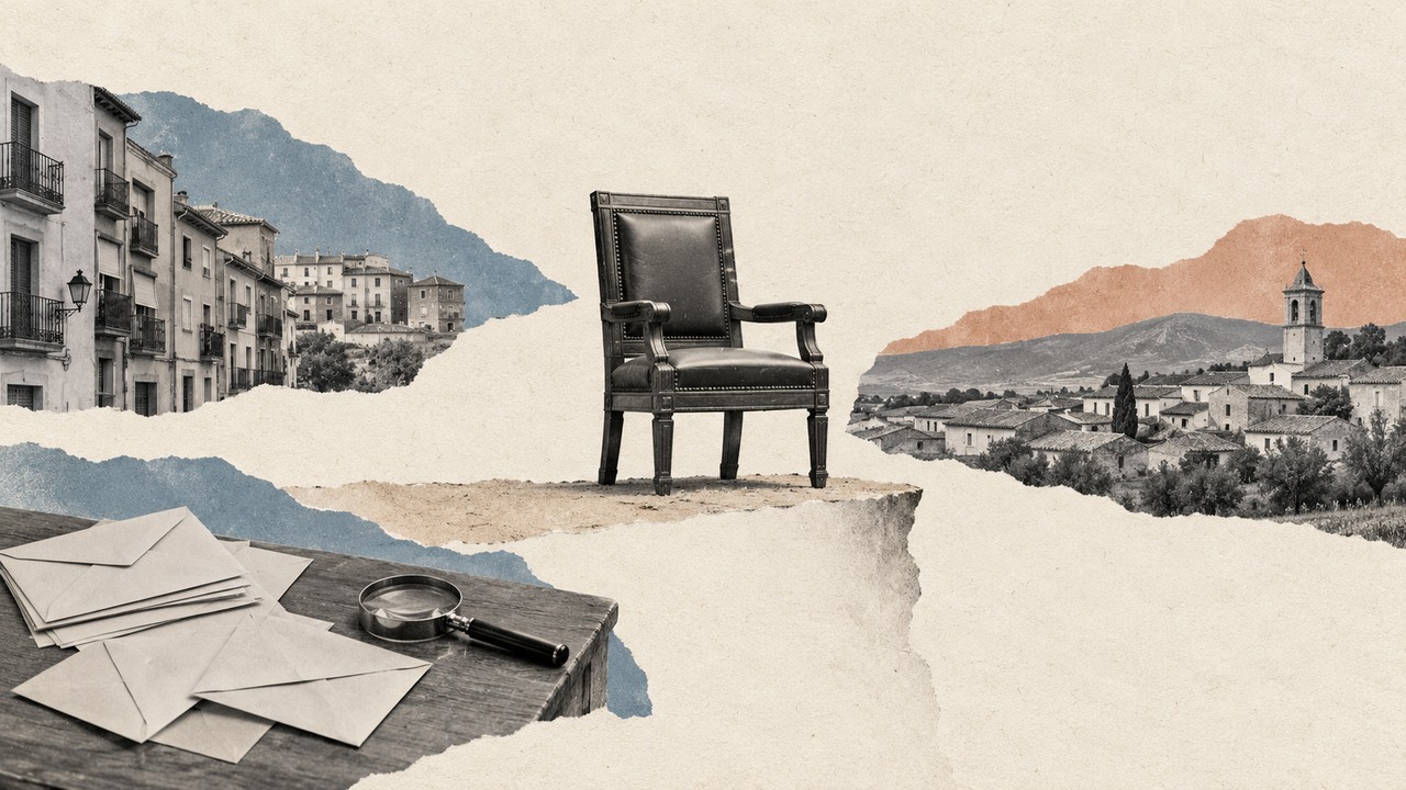 Un sillón vacío al borde de un acantilado de papel, entre una calle de ciudad y un pueblo de interior, con sobres y una lupa sobre una mesa: un collage.