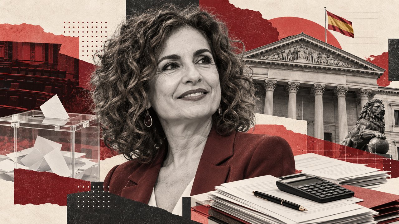 María Jesús Montero, con el Congreso de los Diputados, una urna y papeles de Hacienda.