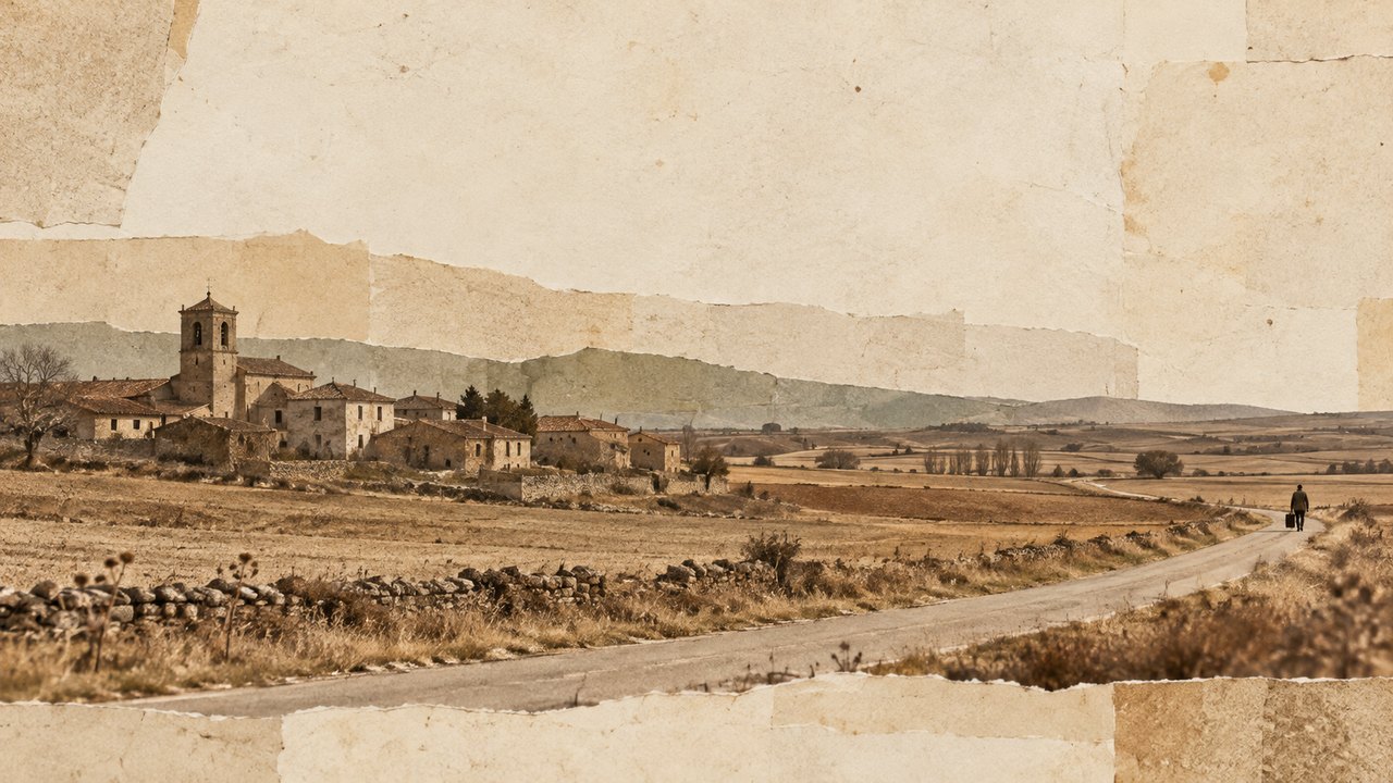 Un pueblo de la meseta y un camino vacío.