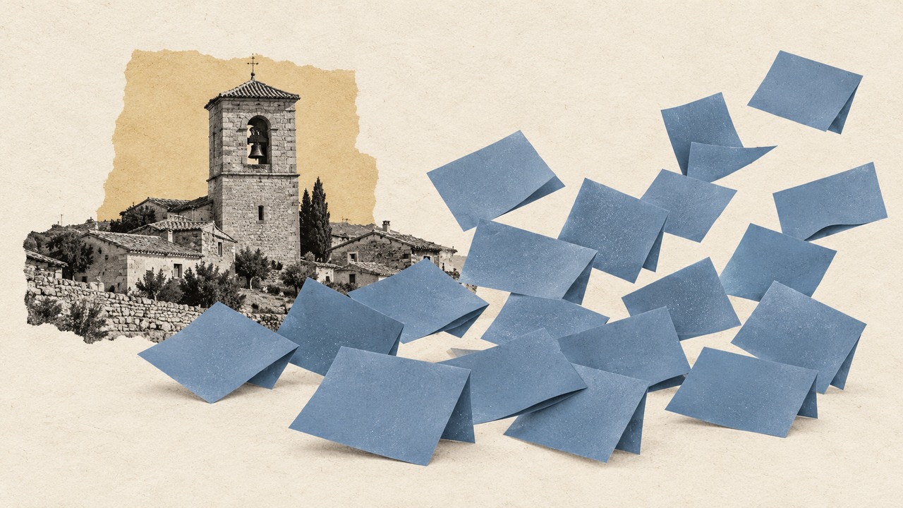 Un pueblo con su campanario y una lluvia de papeletas iguales: un collage.