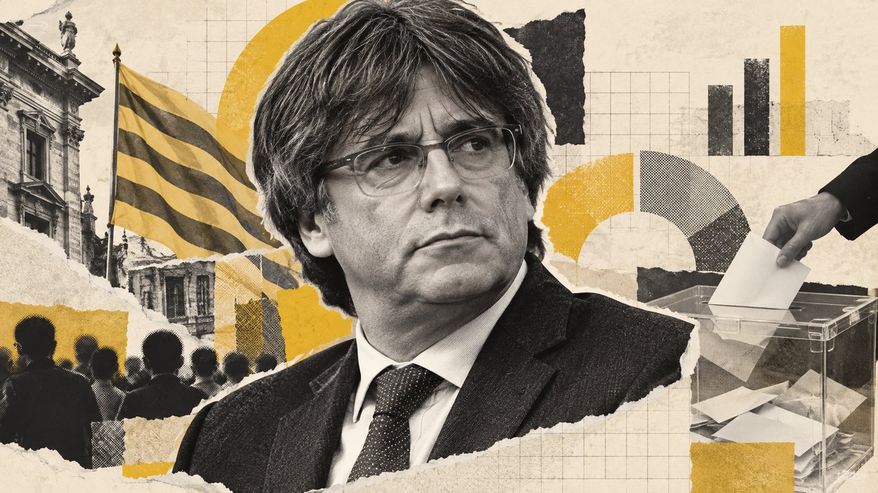 Carles Puigdemont, con la senyera, una urna y gráficos.