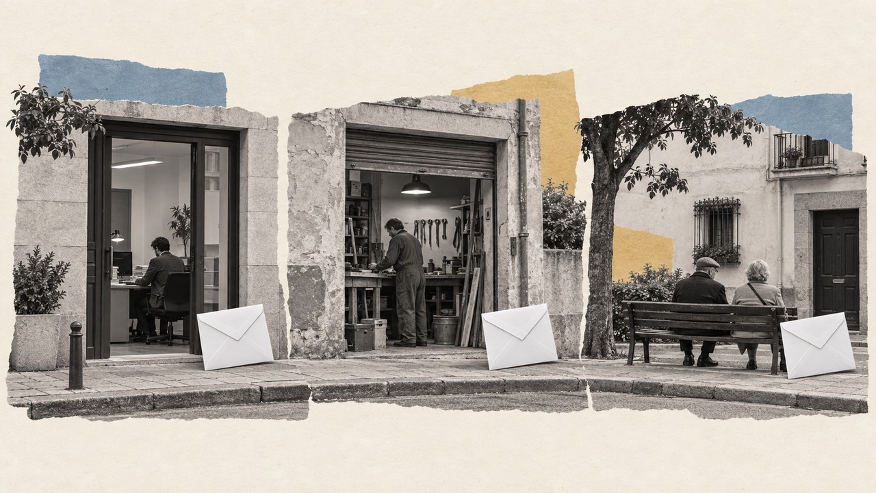 Un despacho, un taller y un banco con dos jubilados en la misma calle, cada uno con su sobre: un collage.