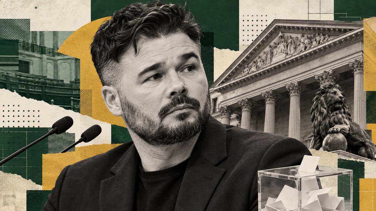 Gabriel Rufián, con el Congreso de los Diputados y una urna.