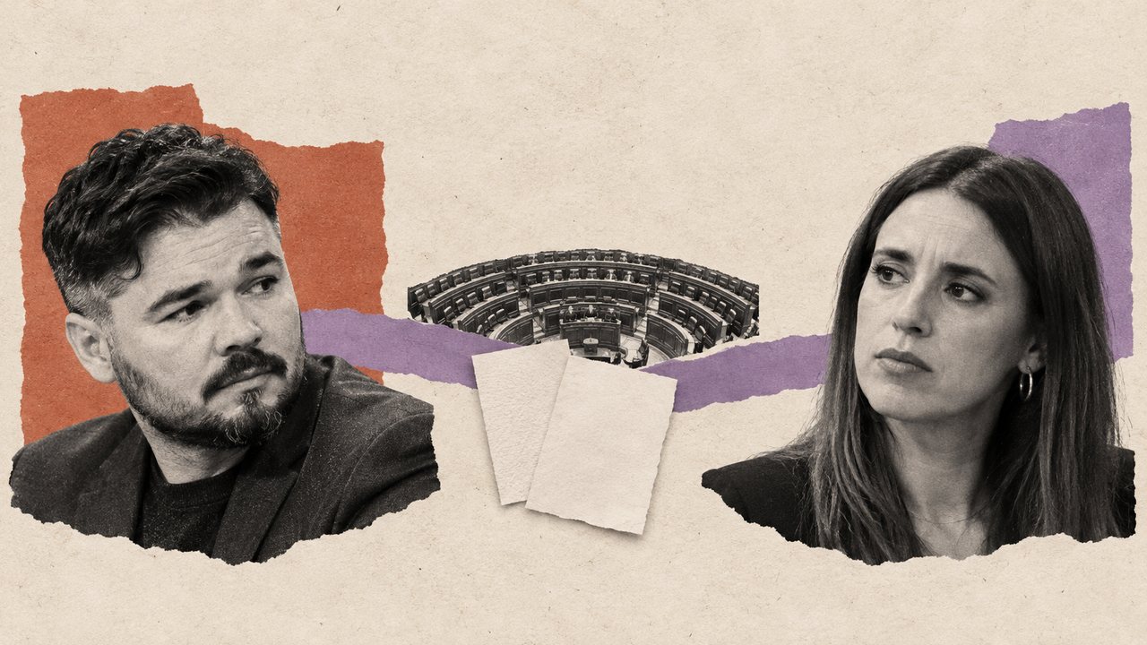 Gabriel Rufián e Irene Montero, con el hemiciclo del Congreso y dos papeles en blanco entre ambos: un collage.