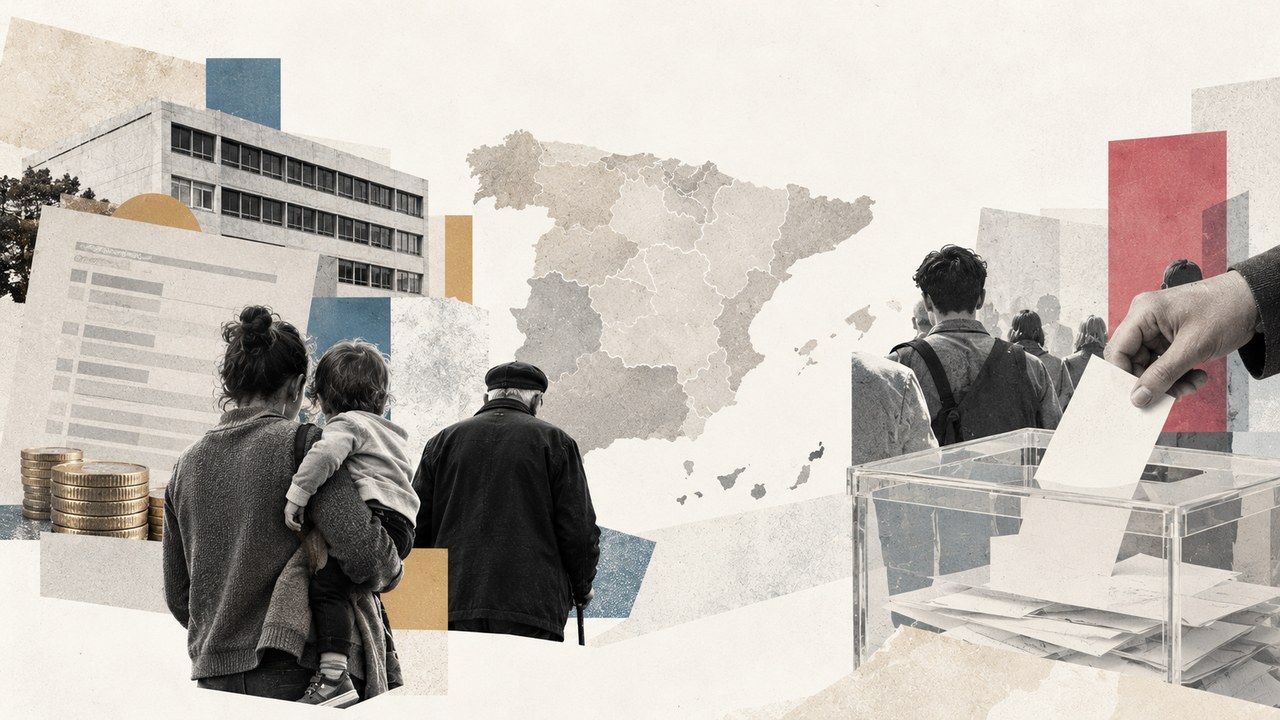 Un bloque de pisos, una declaración de la renta, monedas, una madre con su hijo, un pensionista, el mapa de España y una urna: un collage.