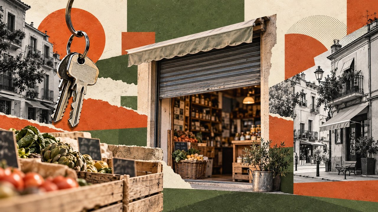 Una persiana a medio subir, unas llaves y una tienda de barrio: un collage.