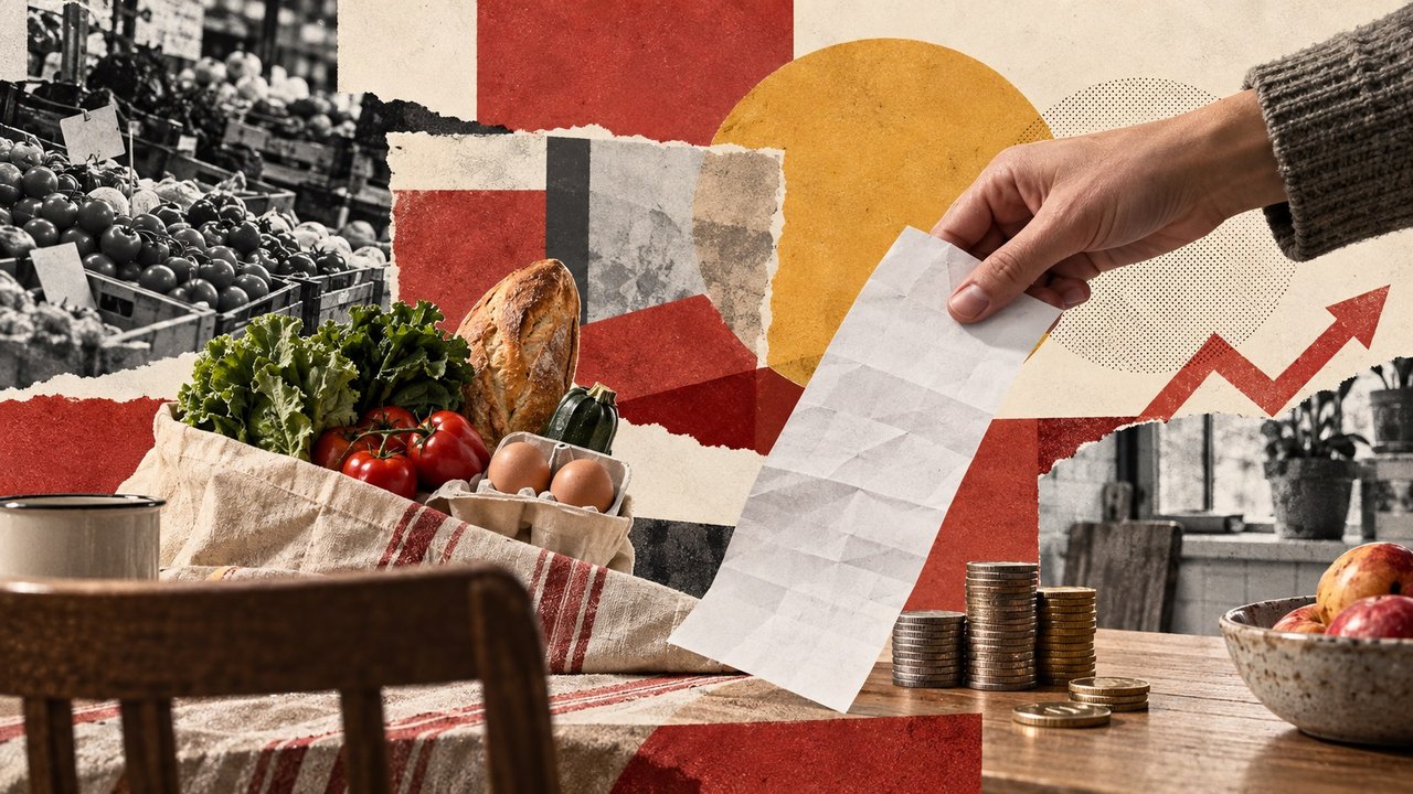 Un mercado, monedas y un tique: la economía de cada día, en collage.