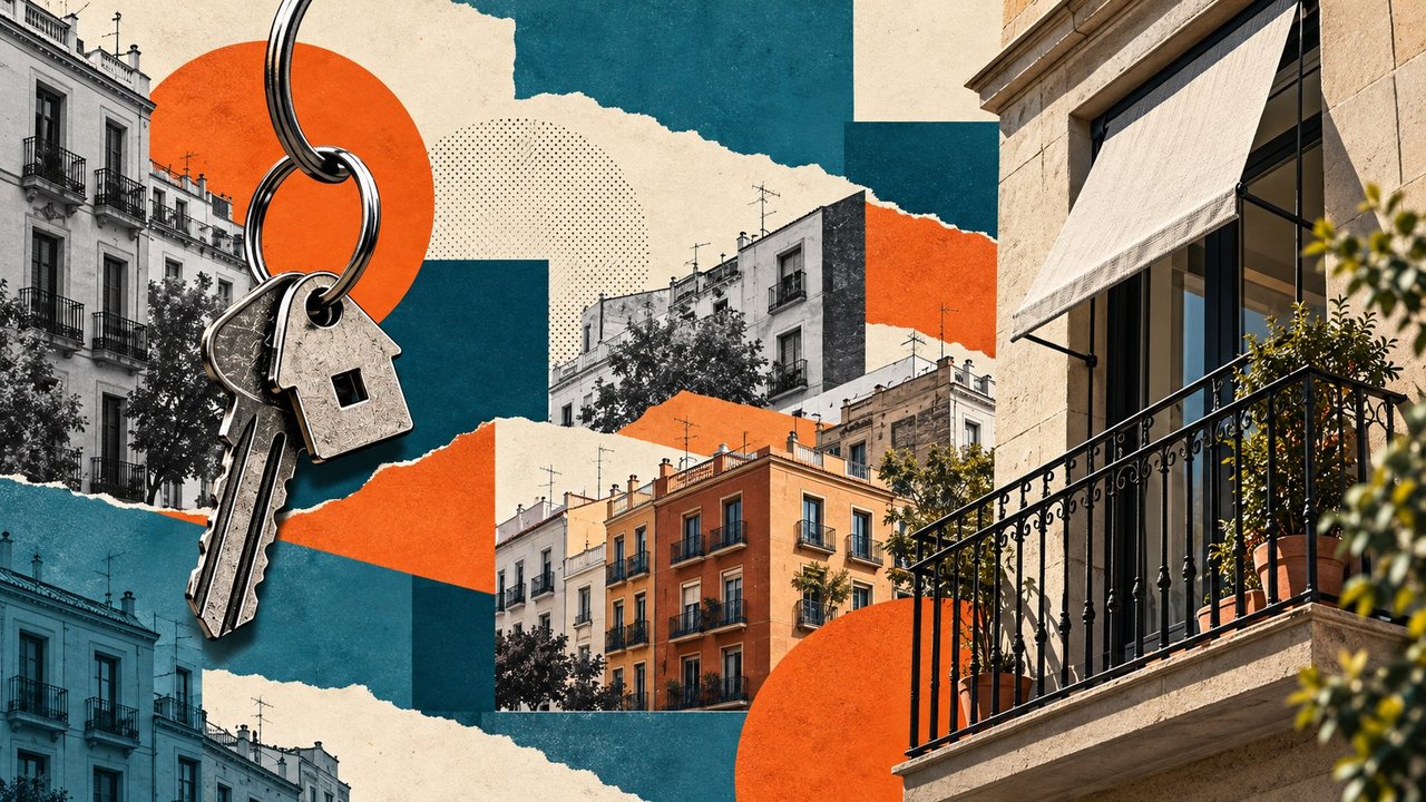 Unas llaves y fachadas de edificios de viviendas.