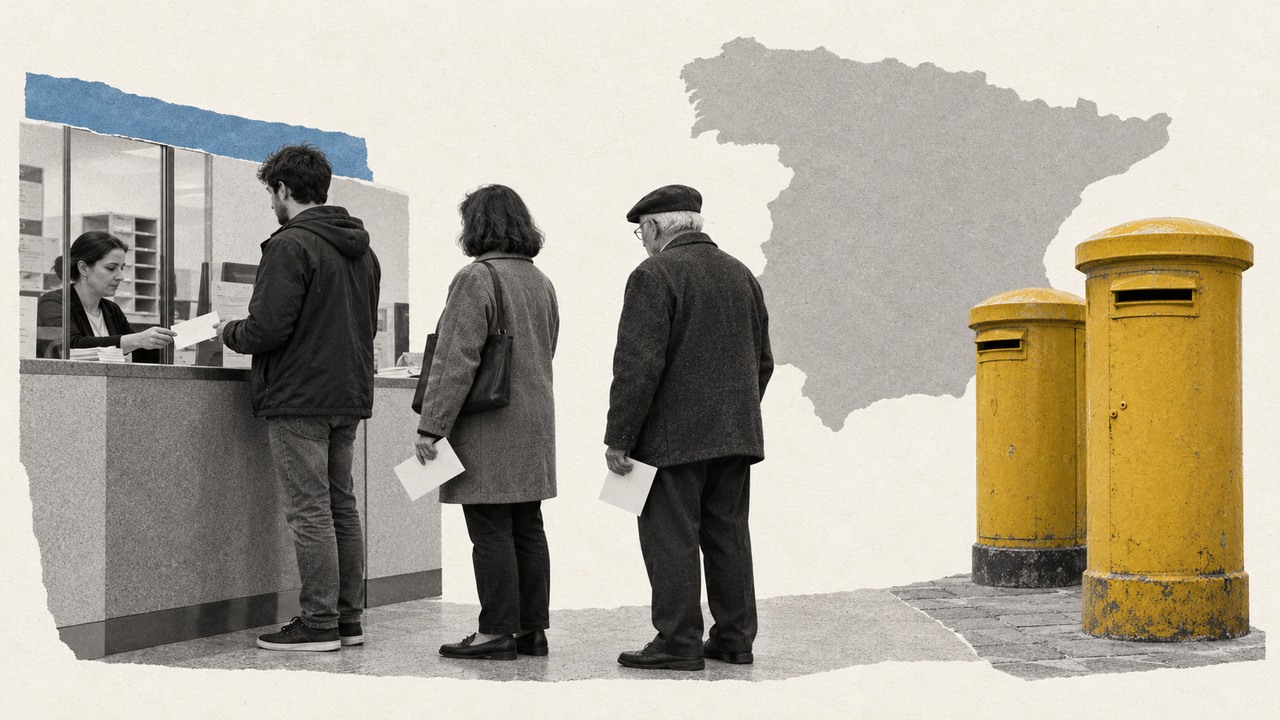 Una cola ante el mostrador de Correos, sobres en la mano, y dos buzones amarillos junto al mapa de España: un collage.