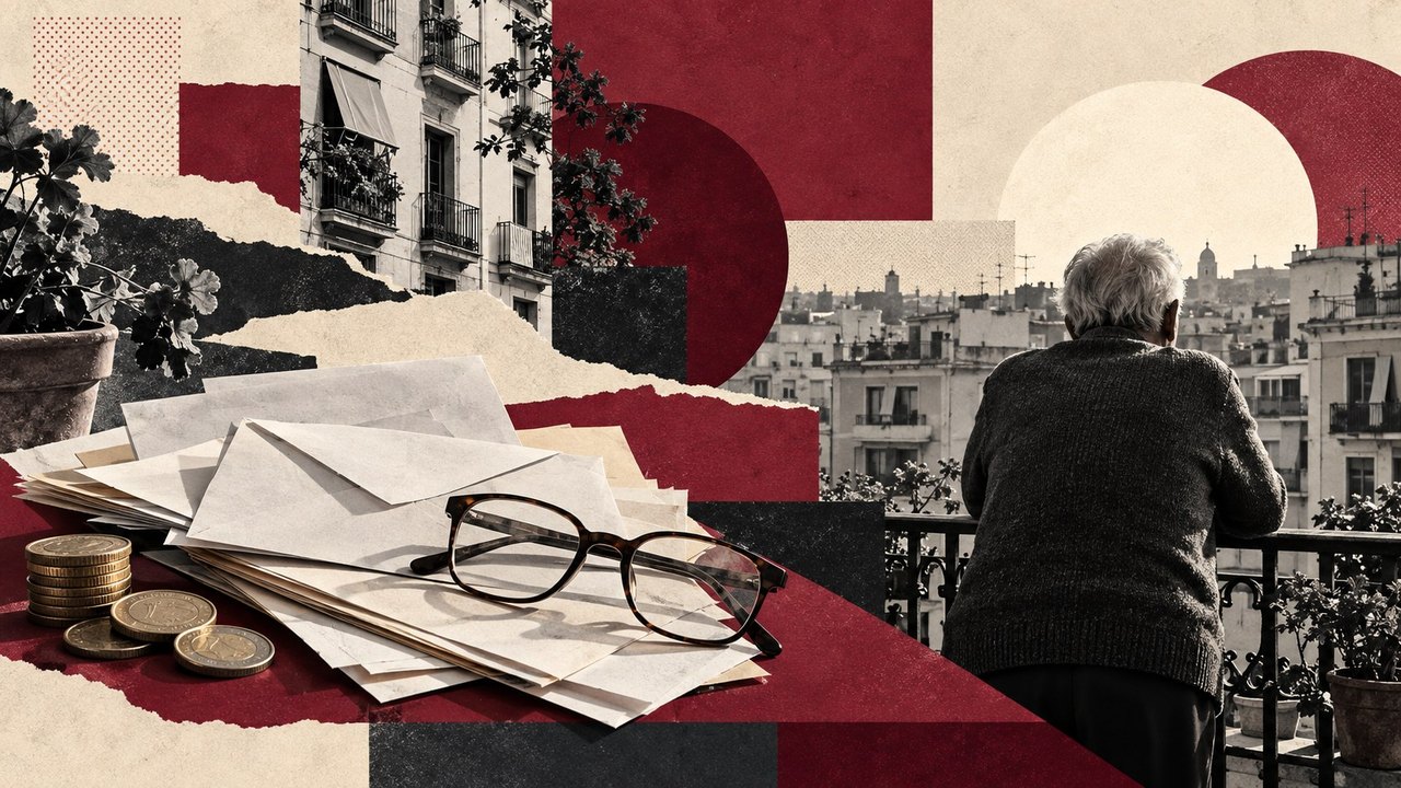Cartas, gafas y monedas sobre una mesa; un hombre mayor mira la ciudad desde su balcón.