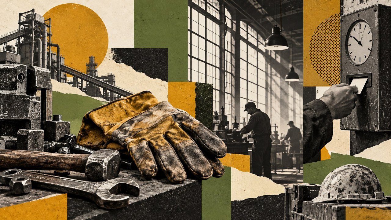 Guantes, herramientas y un reloj de fichar: el turno de trabajo, en collage.