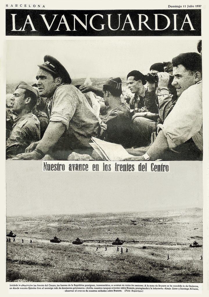 Portada de La Vanguardia del 11 de julio de 1937 con fotografías de mandos republicanos y de tanques e infantería avanzando por el campo.