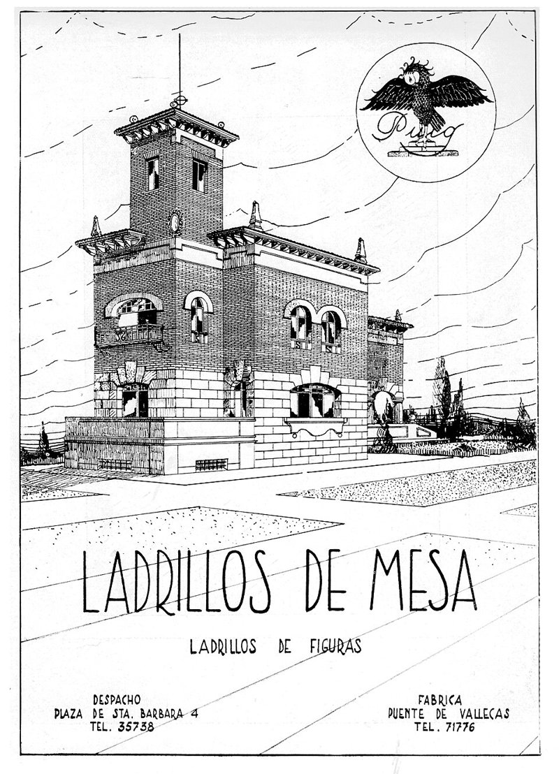 Anuncio dibujado de 1930: un edificio de ladrillo con torre y, debajo, el rótulo Ladrillos de Mesa, con la fábrica en Puente de Vallecas.