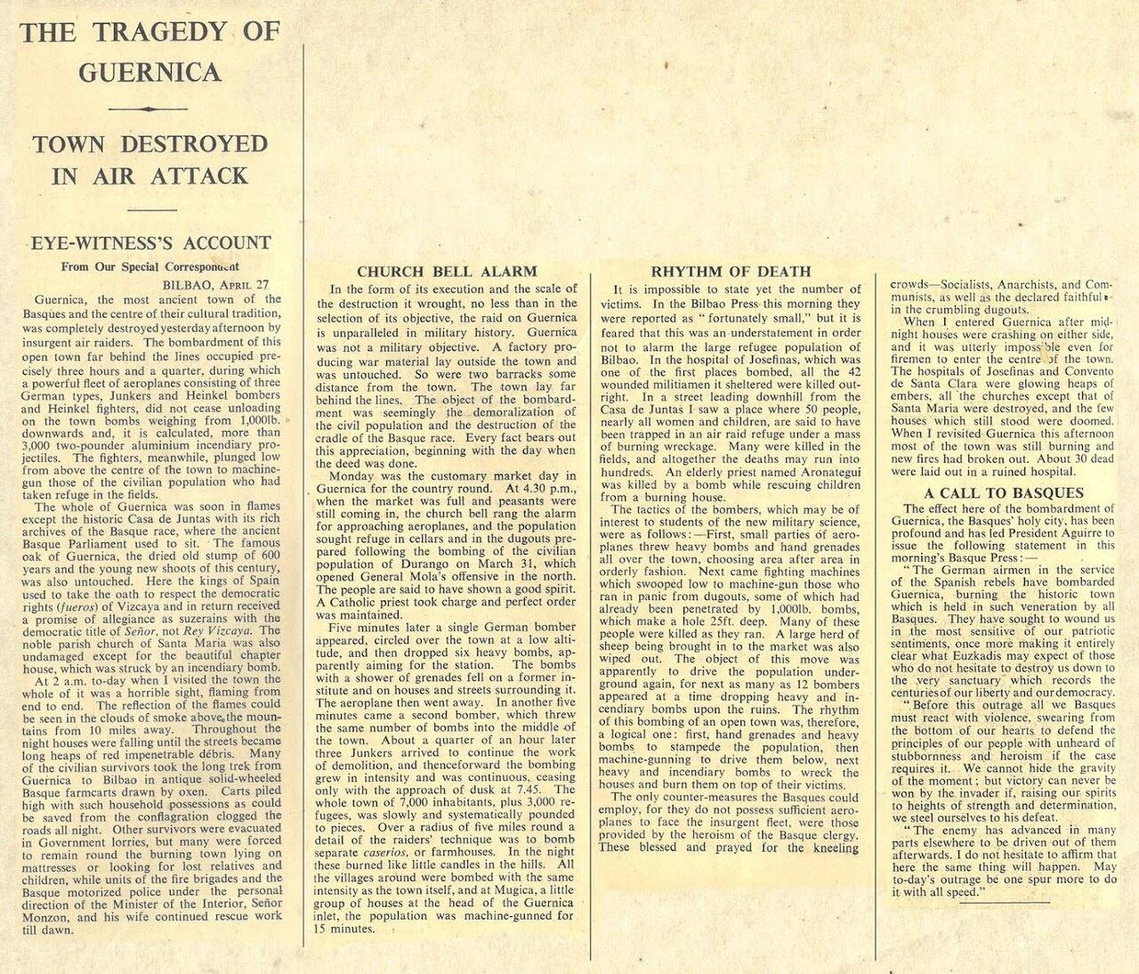 Recorte de The Times con la crónica de George Steer titulada The tragedy of Guernica. Town destroyed in air attack.