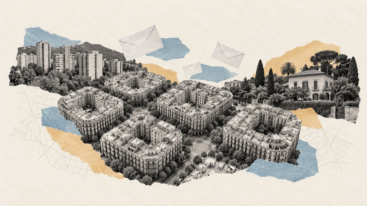 La cuadrícula del Eixample vista desde arriba, entre torres de pisos y casas con jardín, con sobres de votación volando: un collage.