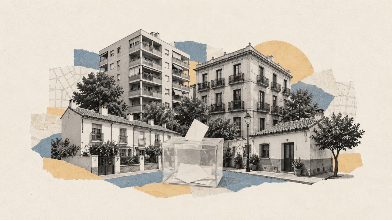 Un bloque de pisos, casas bajas y un edificio antiguo cosidos como un mosaico urbano, con una urna en el centro: un collage.
