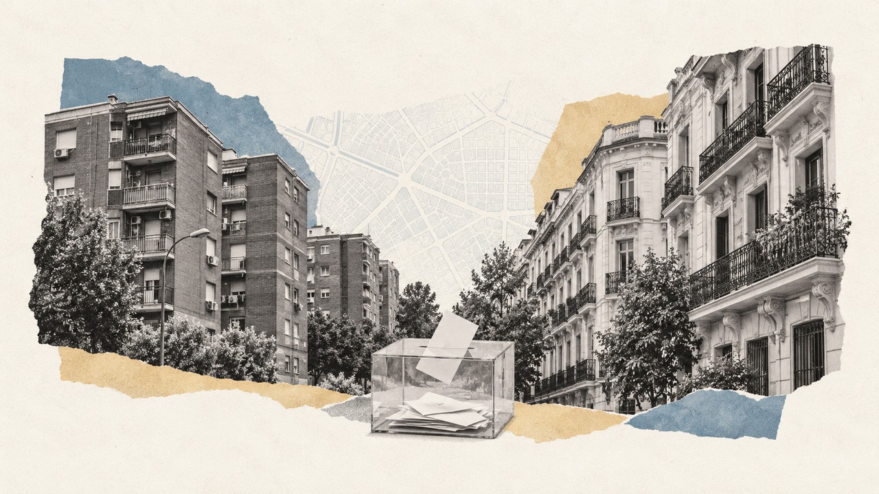 Bloques de ladrillo de un barrio obrero frente a fachadas señoriales de Madrid, con una urna en medio y el plano de calles al fondo: un collage.