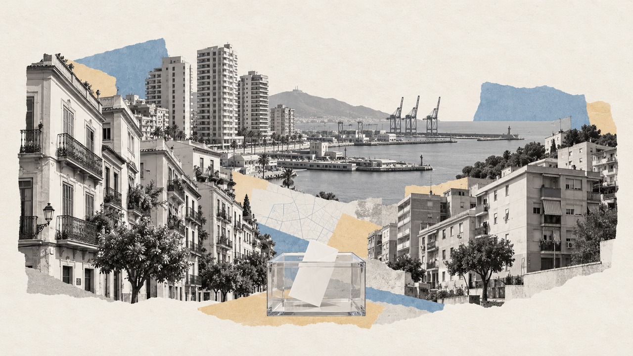Edificios del centro de Málaga, torres de la costa y el puerto al fondo, con una urna en primer plano: un collage.