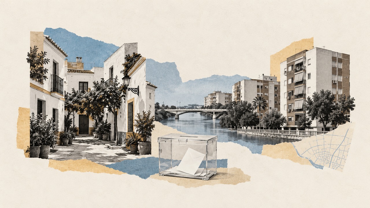 Una calle encalada del centro de Sevilla frente a bloques de pisos junto al Guadalquivir, con una urna: un collage.