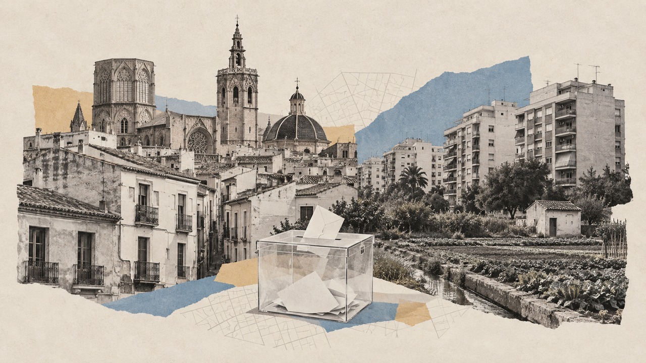 La catedral y los tejados de Ciutat Vella, fincas de la periferia y la huerta, con una urna en primer plano: un collage.