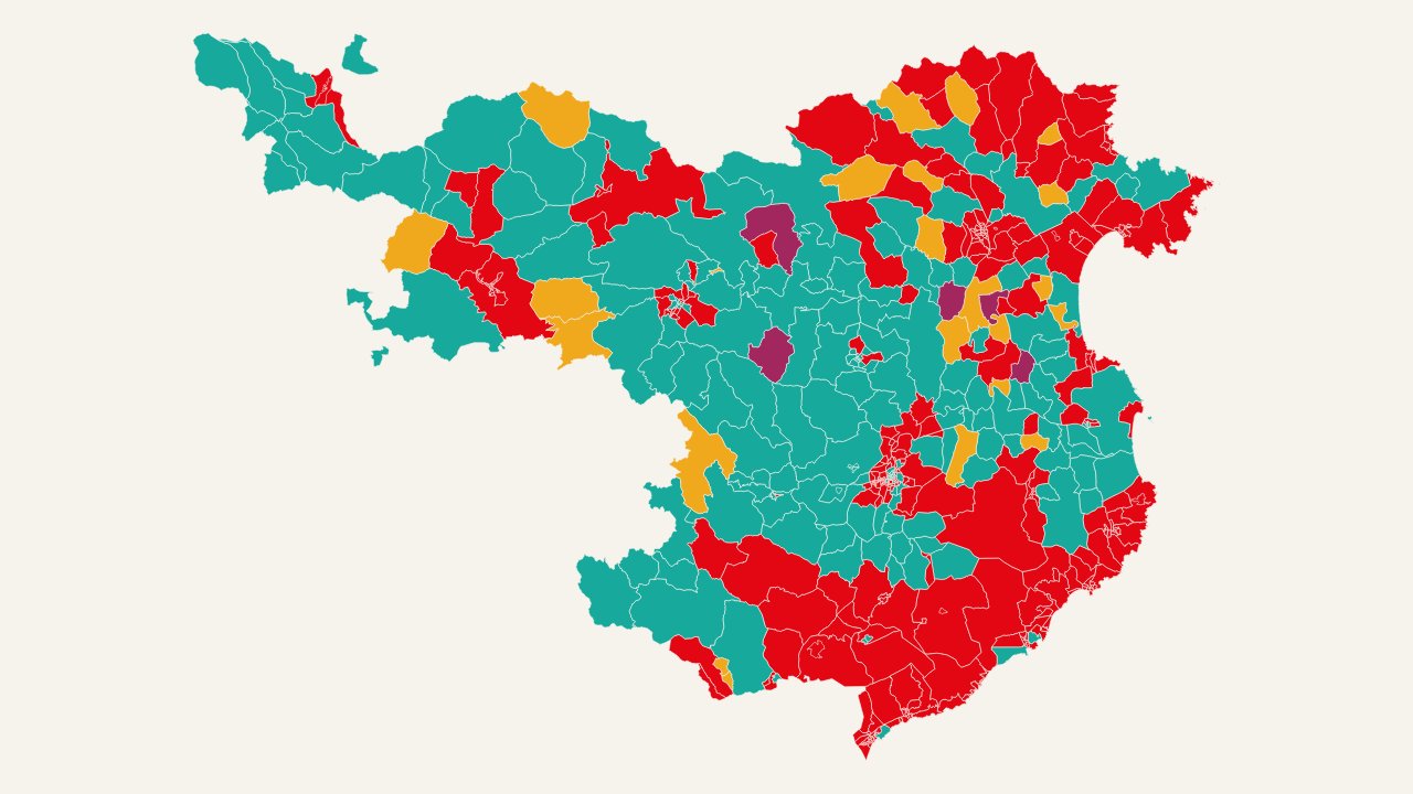 Mapa de la provincia de Girona con el partido más votado en cada sección en 2023